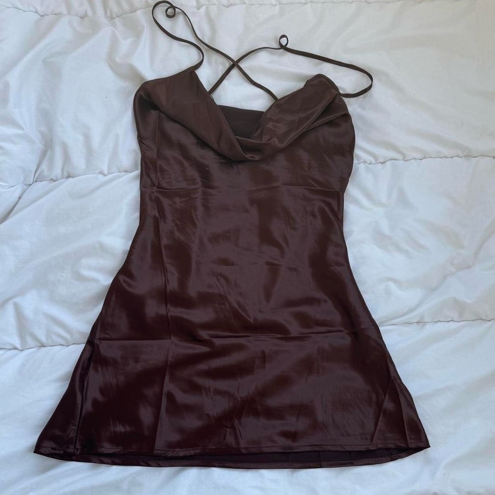Brown satin H&M cowl neck minidress, cross back straps, never worn.